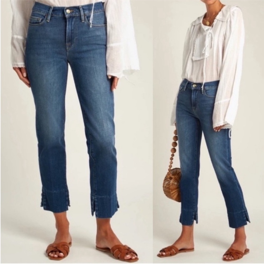 FRAME Denim Le High Straight Fisher Beach Crop Frayed Split Hem Jeans Size 28